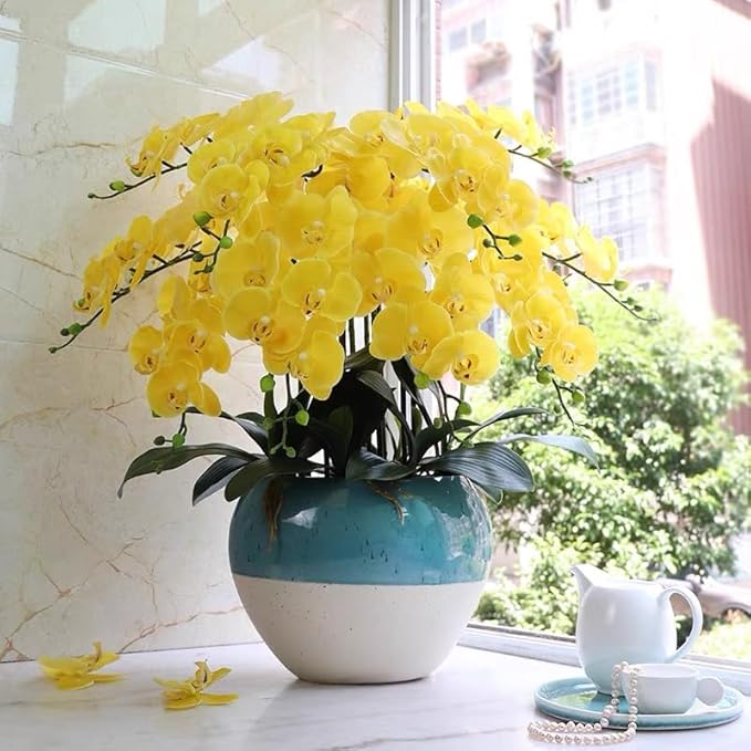 Htmeing 38 Inch Artificial Phalaenopsis Flowers Branches Real Touch (Not Silk) Orchids Flowers for Home Office Wedding Decoration,Pack of 2 (Yellow)