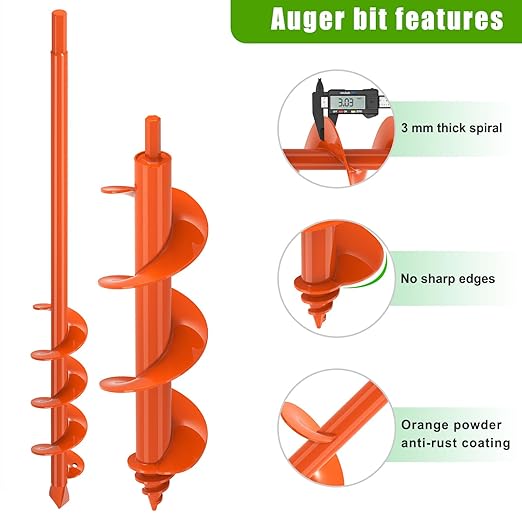 Insaga 2Pack Garden Auger Drill Bit for Planting, 1.6x16'' & 3x12'' Post Hole Digger, Spiral Garden Earth Auger Drill Bit for Fence Posts, Bulbs, Plants, Fits 3/8" Hex Drive Drill