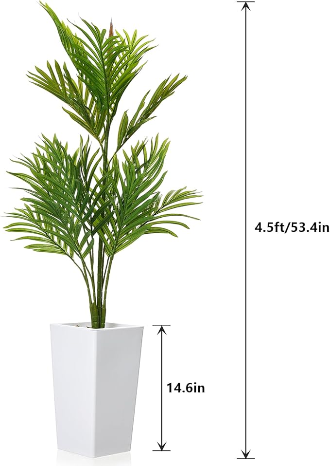Artificial Palm Tree 4.5FT Tall, Faux Tropical Plant in White Tall Planter, Lifelike Potted Tree for Indoor Living Room, Bedroom, Home Office Decor