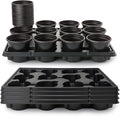 RooTrimmer 4 Inch Plastic Plant Pots 60 Pcs and 12 Cell Nursery Pots Trays 5 Pcs, Thick Sturdy Seeds Starting Germination Shuttle Carrying Trays, Black Small Planter Nursery Propagation 5 Sets