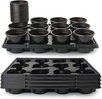 RooTrimmer 4 Inch Plastic Plant Pots 60 Pcs and 12 Cell Nursery Pots Trays 5 Pcs, Thick Sturdy Seeds Starting Germination Shuttle Carrying Trays, Black Small Planter Nursery Propagation 5 Sets