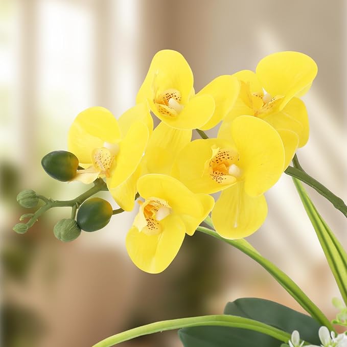 Garvee Real Touch Silk Phalaenopsis Orchid Artificial Flowers - 3 Stems Faux Orchid Bough with Vase, Lifelike Large Fake Flowers in Pot for Home Decor Living Room Bedroom Office Tabletop