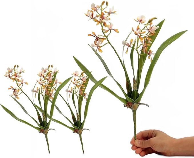 3pcs Artificial Cymbidium Orchid Flowers That Look Real, Faux White-Yellow Orchid Stems for Vases, Silk Flowers for Farmhouse Home Office Indoor Tables Centerpieces Decoration (Yellow)