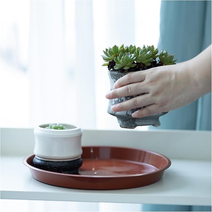 4pcs Terracotta Plastic Plant Saucers (10 inch) - Heavy Duty Indoor Plant Trays for Pots with Water Drainage, Drip Catcher & Decor (Set of 6 Round Saucers)