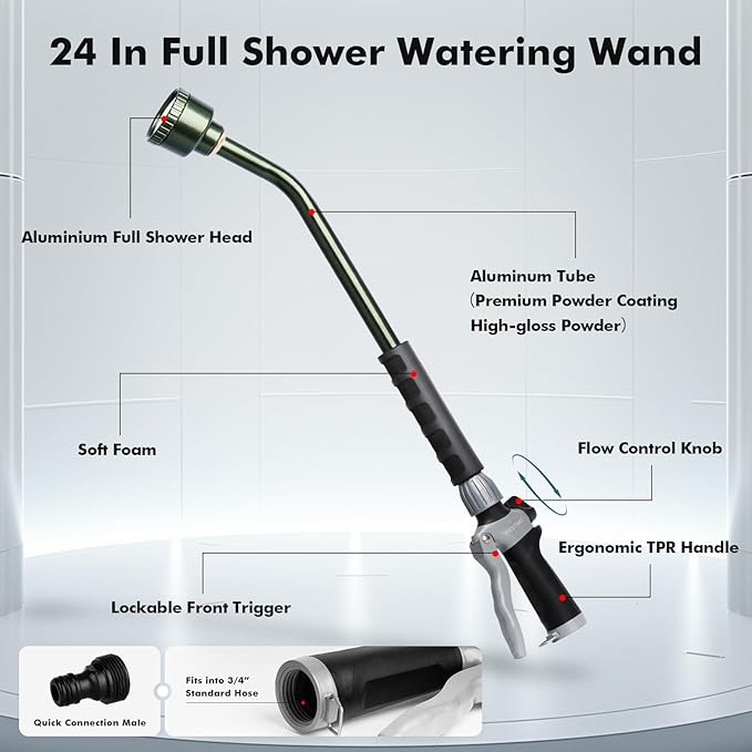 RESTMO Long Watering Wand, 24 Inches Gentle Soft Full Shower Sprayer Wand with Flow Control, Heavy Duty Metal Hose Wand for Hanging Baskets, Shrubs, Plants, Flowers, Garden and Lawn, Green