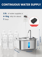 Cat Water Fountain Stainless Steel for Cats Indoor 2.5L 85oz by BPA-Free SUS304, Effective 6-Layer Filter Cat Fountain for Drinking 20dB Ultra Quiet & Soft Flow Metal Pet Water Fountain