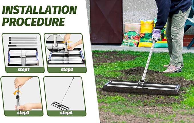 Updated Lawn Leveling Rake 40"x10", Lawn Leveler with Aluminum Rollers, Yard Leveling Rake Stainless Steel with 27-80" Adjustable Handle, Heavy-Duty Ground Leveler Suit for Garden, Golf Lawn, Farm