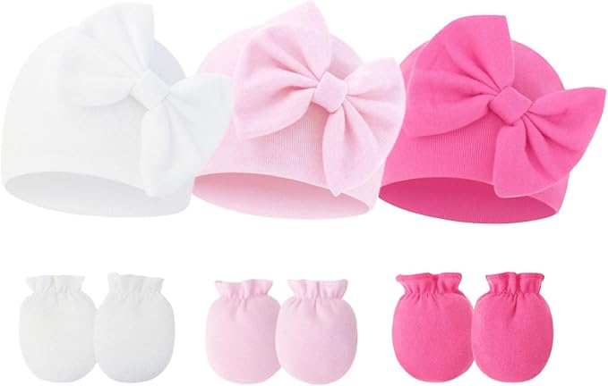 Newborn Baby Hats Mittens Sets Bow Infant Caps Gloves No Scratch Mitten Beanie Set for 0-6 Months Girls