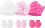 Newborn Baby Hats Mittens Sets Bow Infant Caps Gloves No Scratch Mitten Beanie Set for 0-6 Months Girls