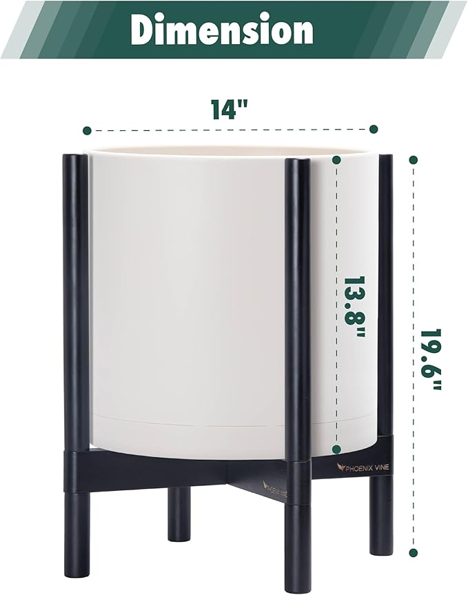 D'vine Dev Planter Pot with Stand - 14 Inch Plastic Cylinder Flower Pot with Wood Planter Holder for Indoor, Oatmeal Pot + Ebony Stand, 55-C-T-4