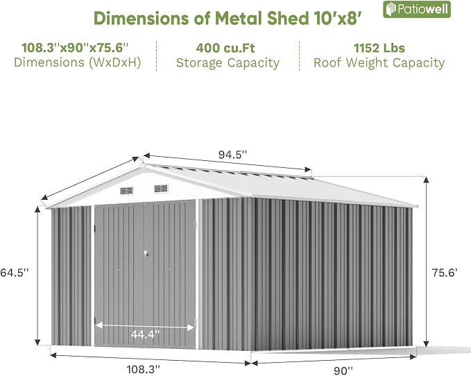Patiowell 10 x 8 FT Outdoor Storage Shed, Large Garden Tool Metal Shed with Sloping Roof and Double Lockable Door, Outdoor Shed for Backyard Garden Patio Lawn,Grey