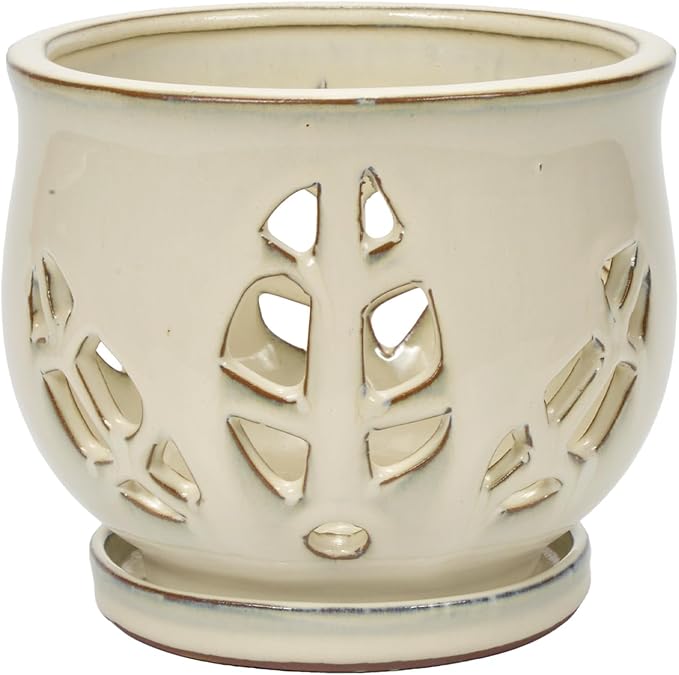 W&W Orchid Pot with Holes and Saucer for Repotting and Better Grow, Cream White, 6.5"