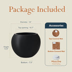 12.8"H x 16"D Premium Globo Fiberstone Round Planter with Drainage Hole, Smooth Finishes, Weather Resistant for Indoor and Outdoor Use, Included 2 Extra Coco Mats (Black, 10.7" Pot Opening)