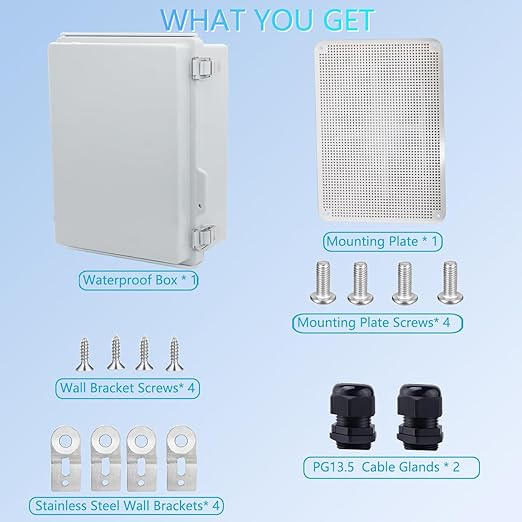 Waterproof Junction Box, ABS Plastic Electrical Box with Stainless Steel Latch, Hinged Cover Electric Project Enclosure Box with Mounting Plate, Wall Brackets 14.6" x10.6''x5.9''