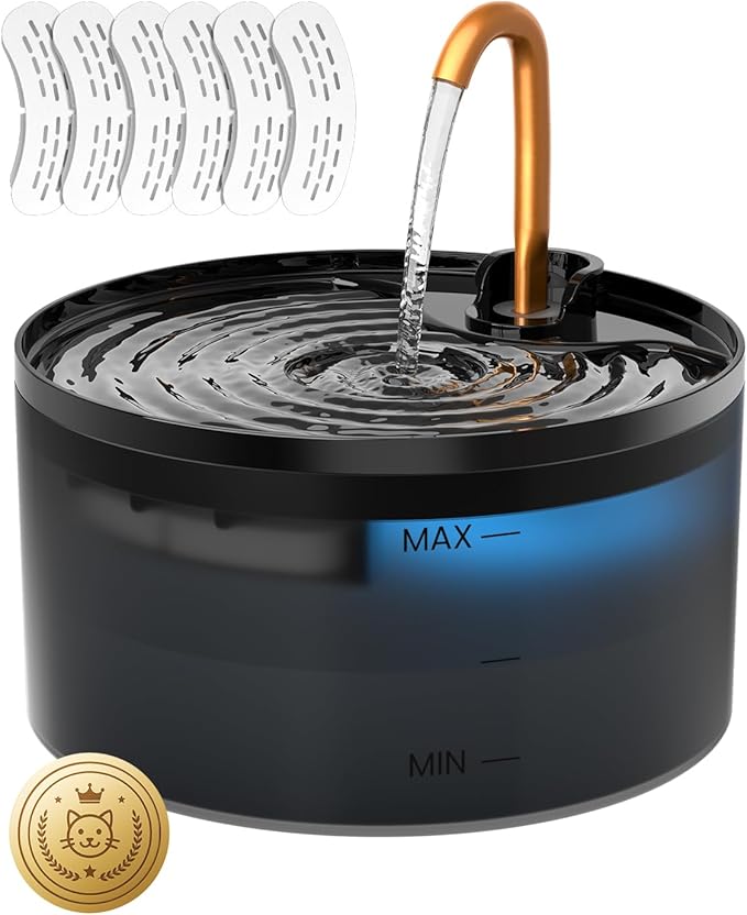 Cat Water Fountain with 6-Pack Replaceable Filters, 71oz/2.1L Cat Fountain for Drinking with Copper Faucet, MISFANS-Designed Pump & Filter, Plastic Automatic Pet Water Fountain Bowl & Dispenser