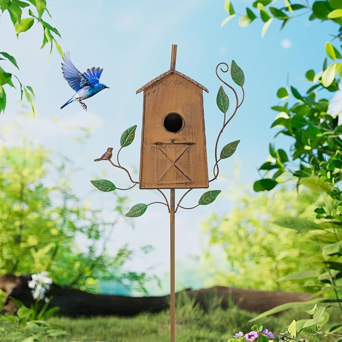 50" Bird Houses for Outside with Pole, Outdoor Metal Birdhouse for Patio, Yard, Garden, Brown