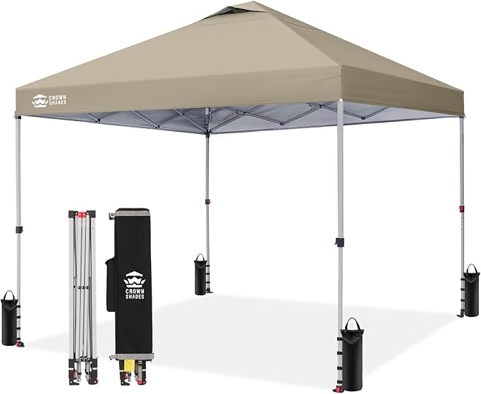 CROWN SHADES 12x12 Pop Up Canopy Outside Canopy, Patented One Push Tent Canopy with Wheeled Carry Bag, Bonus 8 Stakes and 4 Ropes, Beige