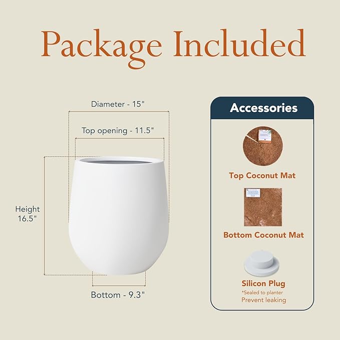 16.5" H x 15" D Premium Corso Fiberstone Round Tapered Planter with Drainage Hole, Weather Resistant for Indoor & Outdoor Use, Included 2 Extra Coco Mats (White, 11.5" Pot Opening)