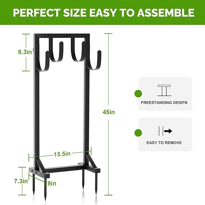 Heavy-Duty Garden Hose Holder with Stable Base and Tool Hooks, Freestanding Metal Hose Hanger Garden Hose Storage Holds 151Ft Hose, Rustproof Water Hose Holder for Outside Yard Lawn, Black