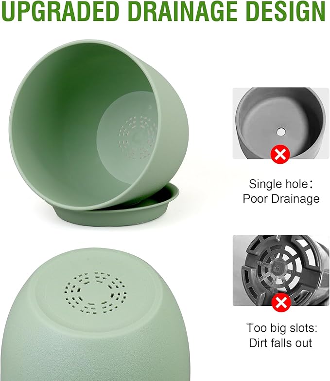 WSMKSZ Large Plant Pots 12/10/9 inch, Set of 3 Modern Decorative Plastic Planters with Drainage Holes and Saucers, Flower Pots for Indoor Outdoor Plants, Green