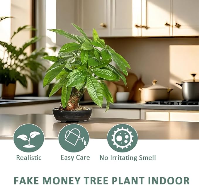 16 Inch Fake Money Tree, Artificial Bonsai Money Tree for Good Luck Fortune, Small Faux Potted Plant for Home Office Desk Living Room Bedroom Decor