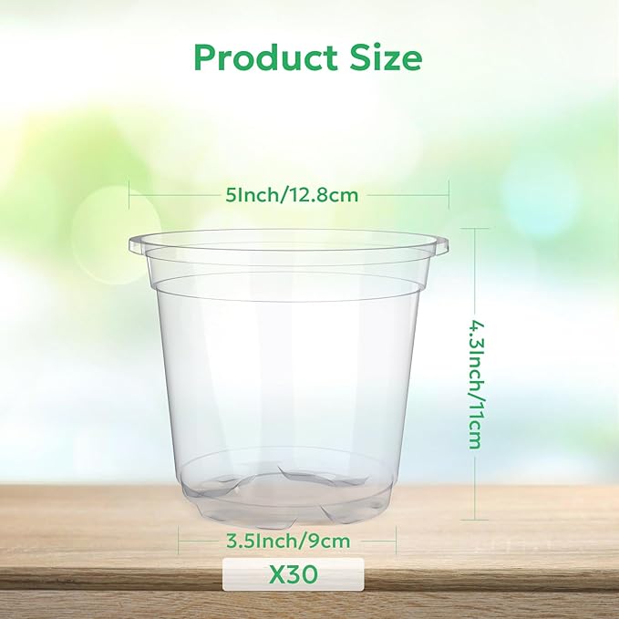 Bluepro 30 Packs 5 Inch Reinforced Clear Nursery Pots with Drainage Holes, Transparent Plastic Plant Pot Seedling Planter for Vegetable Propagation, Root Cutting, Seed Starting