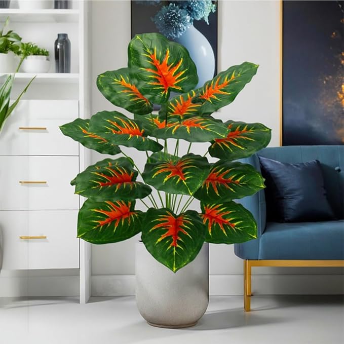 Artificial Caladium Plant with Red and Green Leaves, Red Leaf Artificial Plants Decoration Simulated Bonsai Potted Decor Home Room Party Wedding Office Floor(RedGreen(No Flowerpot), 75cm)