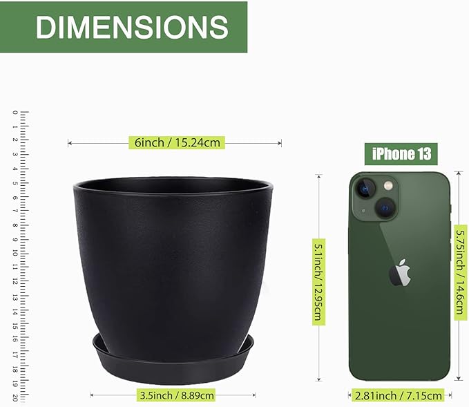 SwinDuck Plant Pots, 12 Pack 6 inch Modern Plastic Planters with Drainage Holes and Saucers for Indoor Outdoor Plants and Flowers, Black
