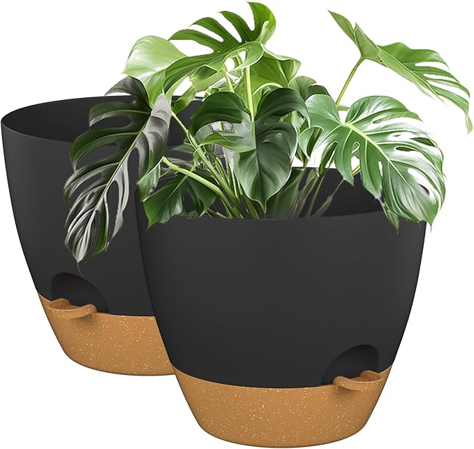 ZMTECH 12Inch 2Pcs Plant Pot Planter for Indoor Plants Self Watering Flower Pots with Drainage Holes and Saucer for Outdoor Plants(Grey with Brown)