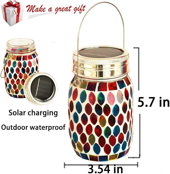 2pack Solar Mosaic Outdoor Waterproof Cool Blue Mosaic jar Decor Christmas Gifts for Women Mom Grandma Halloween Hanging Solar Lights Decoration Outside for Yard, Patio,Backyard,Porch (Modern)