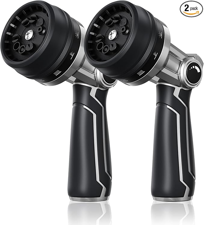 RAINPOINT Full-Metal Garden Hose Nozzle, Heavy Duty Water Hose Nozzle Sprayer With 10 Adjustable Patterns & High Flow,Thumb Control For Flow Adjustment, Ideal For Watering, Washing, Black-2 Pack