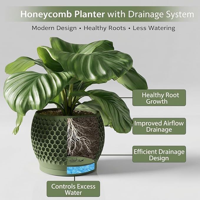 Plant Pots, Modern 3D Printed Honeycomb Planters for Indoor Plants, 4.7 Inch Military Green Decorative Flower Pot for Office Desktop, Bookshelf & Home Decor, Lightweight & Durable.