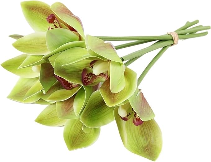 2 Bunches of Simulated Hand-Feel Cymbidium Orchid Small Bunches of 6 Tied Hand-Tied Flowers for Home Living Room Dining Table Decoration Artificial Flowers (Green)
