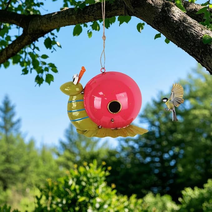 37" Bird Houses for Outside, Outdoor Metal Snail Birdhouse with Hanging String & Poles for Patio, Yard, Garden