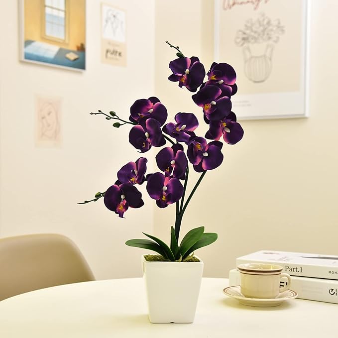 15" Tall Artificial Silk Phalaenopsis Orchid Flower Plant Pot Arrangements (Dark Purple)