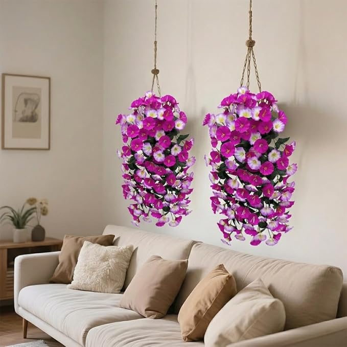 Artificial Flowers for Outdoors Fake Fuchsia Pink Morning Glory Hanging Flower Decoration, 2Pcs Realistic Faux Plants Petunias Long Trailing Vines,Spring Decor for Porch Patio Balcony Planter Yard