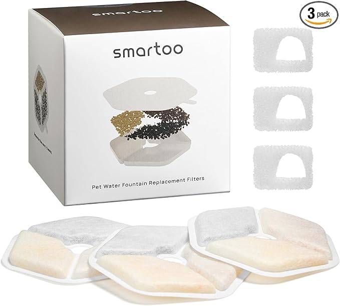 Smartoo 3 Packs Official Replacement Filters and 3 Packs Sponges for 152oz/4.5L Wireless Cat Water Fountain PTM-643