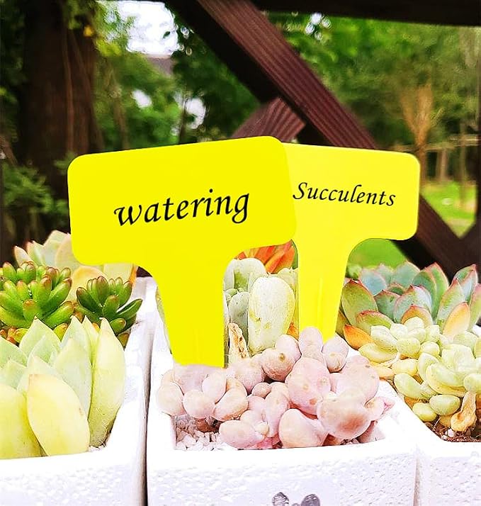 DaTpuik 100 Pcs Yellow Thick Plastic Plant Labels Markers Tags Garden Re-Usable T-Type Sign with Marking Pen
