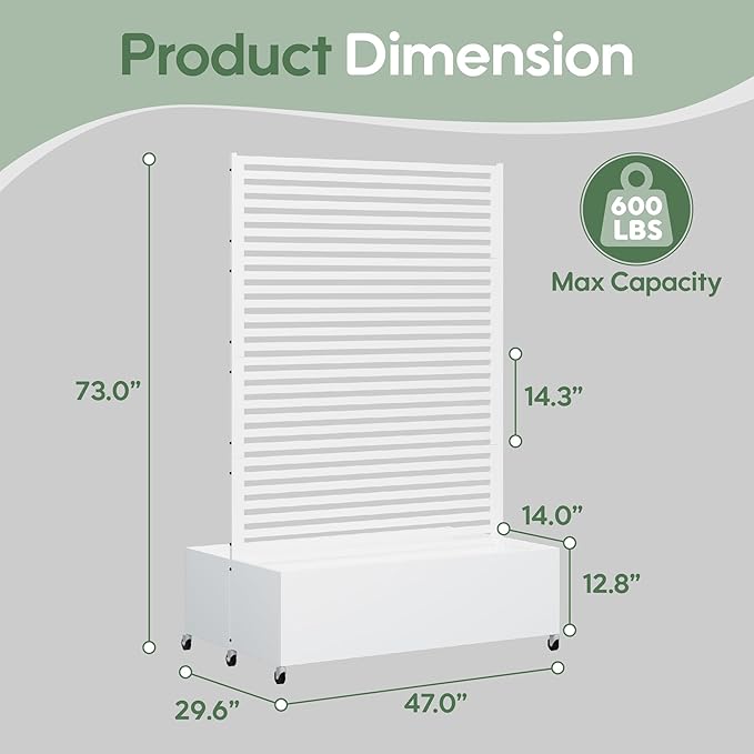 Double Metal Planter Box with Trellis Privacy Screen, Raised Garden Bed with Trellis & Wheels, Planter Box Outdoor with Drainage Holes for Climbing Plants, Vines,73"x 47"x 30", White