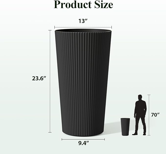 23.6" H Tall Planters for Outdoor Plants, 2 Pack Large Outdoor Planters for Front Porch Decor with Drainage Hole, Plastic Striped Flower Pots Fits Indoor Plants Patio Garden, Black