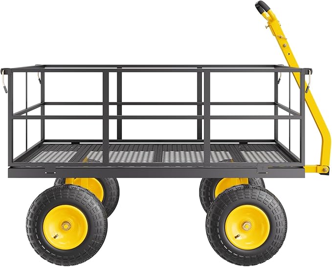 VEVOR 1400 Lbs Steel Garden Cart, Heavy Duty Pullable Garden Wagon Yard Cart, 2 in 1 Outdoor Metal Utility Wagon Yard Trailer with 13" All Terrain Tires, Mesh Removable Sides and 180°Rotating Handle