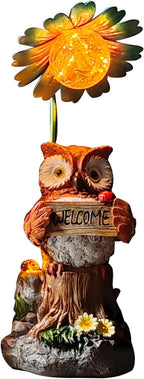 COWOS Solar Powered Owl Garden Statue with Glowing Flower Light, Hand-Painted Resin Figurine for Outdoor Patio, Yard, Lawn Decor, Gift for Nature Lovers