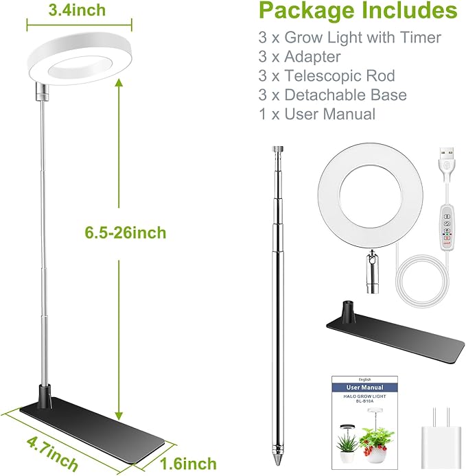 Grow Lights for Indoor Plants, 48 LEDs Full Spectrum Halo Plant Light for Indoor Plants, Height Adjustable Growing Lamp with Detachable Base, 3/9/12Hrs Timer, 10 Brightness, 3-Pack