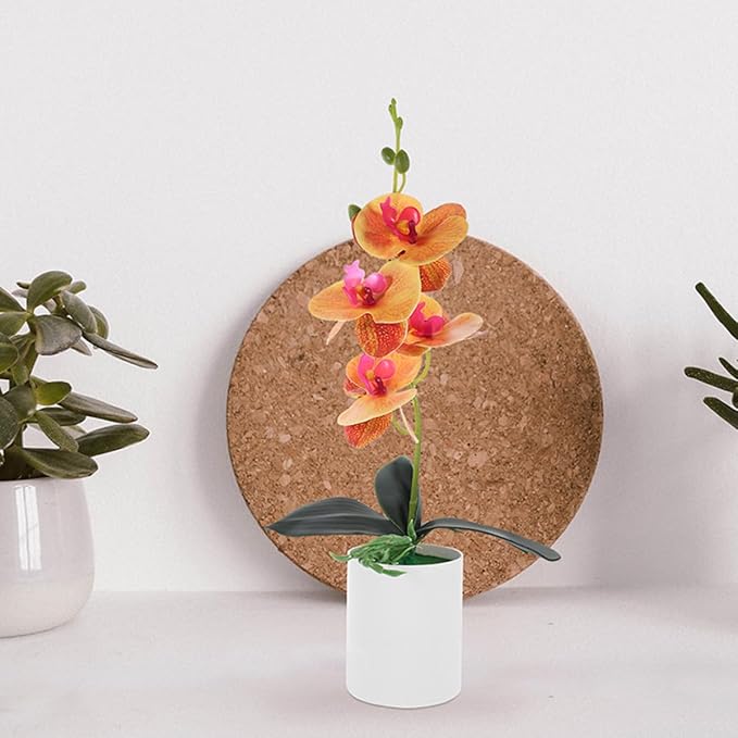 Artificial Moth Orchid Faux Potted Plant 2pcs Orange Realistic Desktop Faux Bouquet Ornament Home Décor Tabletop Flower Bonsai for Living Room Office