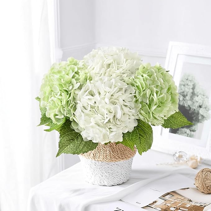 4Pcs Hydrangea Artificial Flowers Realistic Latex Texture for Spring Decoration Home Party Wedding Living Room Decoration 21''(2pcs Light Green+2pcs White)