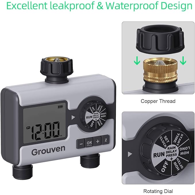 Water Timer for Garden Sprinkler Hose Timer with Rain Delay, Manual, Automatic Watering System Programmable，2 Outlet
