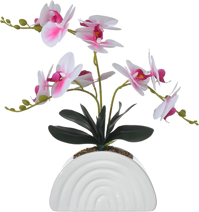 Fake Orchid Plant in White Rainbow Pot, Artificial Silk Phalaenopsis Orchid Flowers for Home Décor, Table Centerpiece, Office Desk (White and Pink)