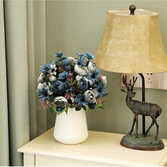 CATTREE Artificial Peony Bud Mixed Flowers, Plastic Plants Silk Fake Flowers Bouquet Bridal Home Garden Office Kitchen Bathroom Table Centerpieces Wedding Decor Decorations 4 pcs - Blue