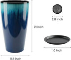 21 inch Tall Planter, Set of 2 Tall Planters for Outdoor & Indoor Plants, Large Outdoor Planters for Front Porch, Patio, Garden (Blue Flowing Glaze)