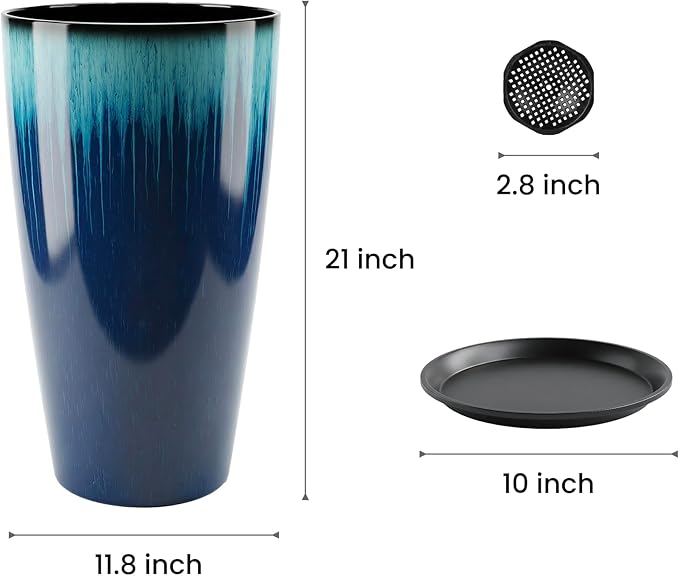 21 inch Tall Planter, Set of 2 Tall Planters for Outdoor & Indoor Plants, Large Outdoor Planters for Front Porch, Patio, Garden (Blue Flowing Glaze)